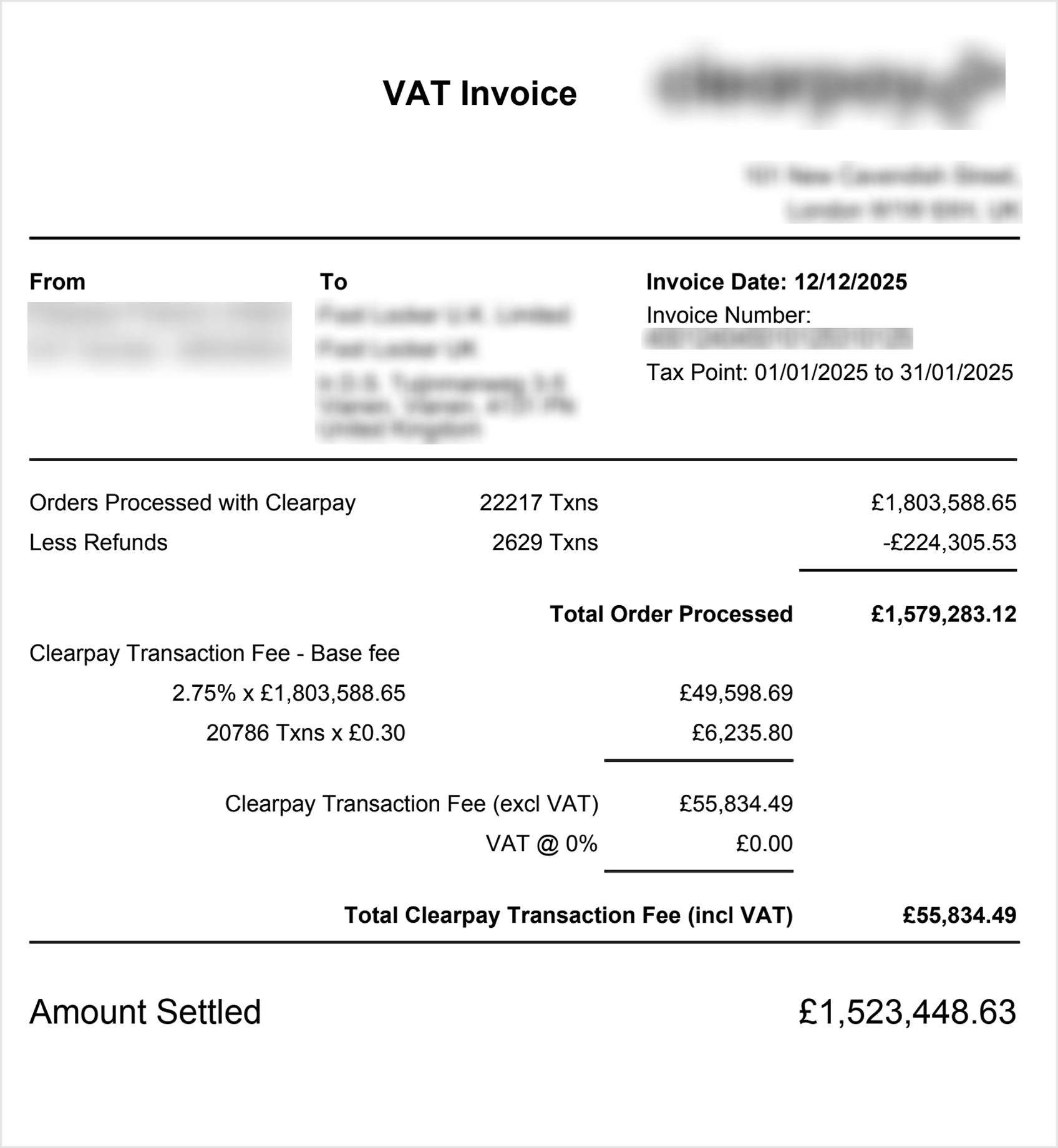 Blended-rate billing statement — one total fee, no line-item breakdown